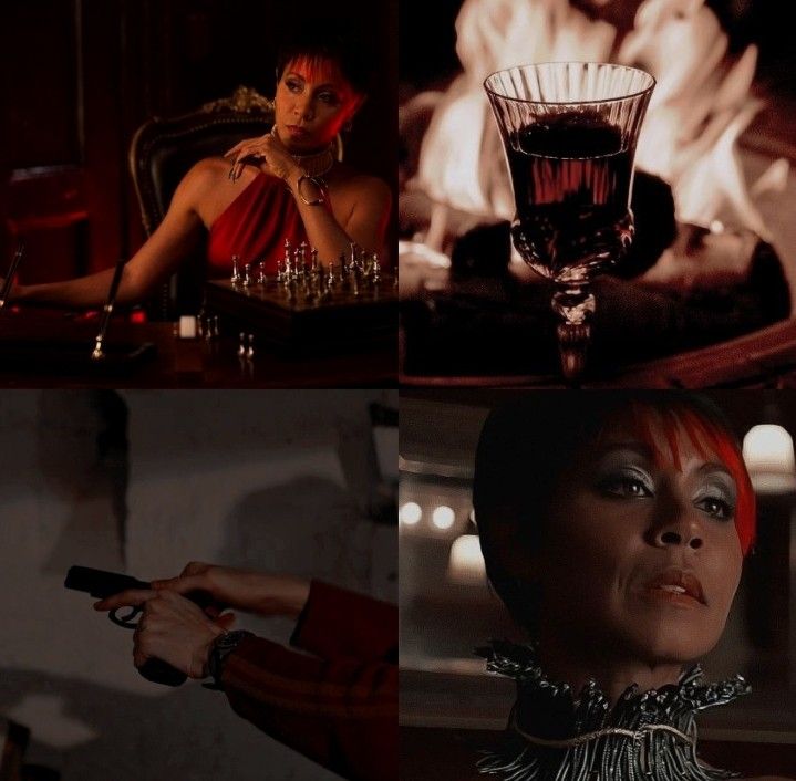 a collage of four images featuring jada pinkett smith in her role as a gangster in the tv series "gotham." the top left image shows her sitting at a chessboard with a contemplative expression. the top right image displays a wine glass with a dark liquid, and a blurry figure in the background. the bottom left image shows hands holding a gun, and the bottom right image shows a closeup portrait of jada pinkett smith looking determined with a unique neckpiece.