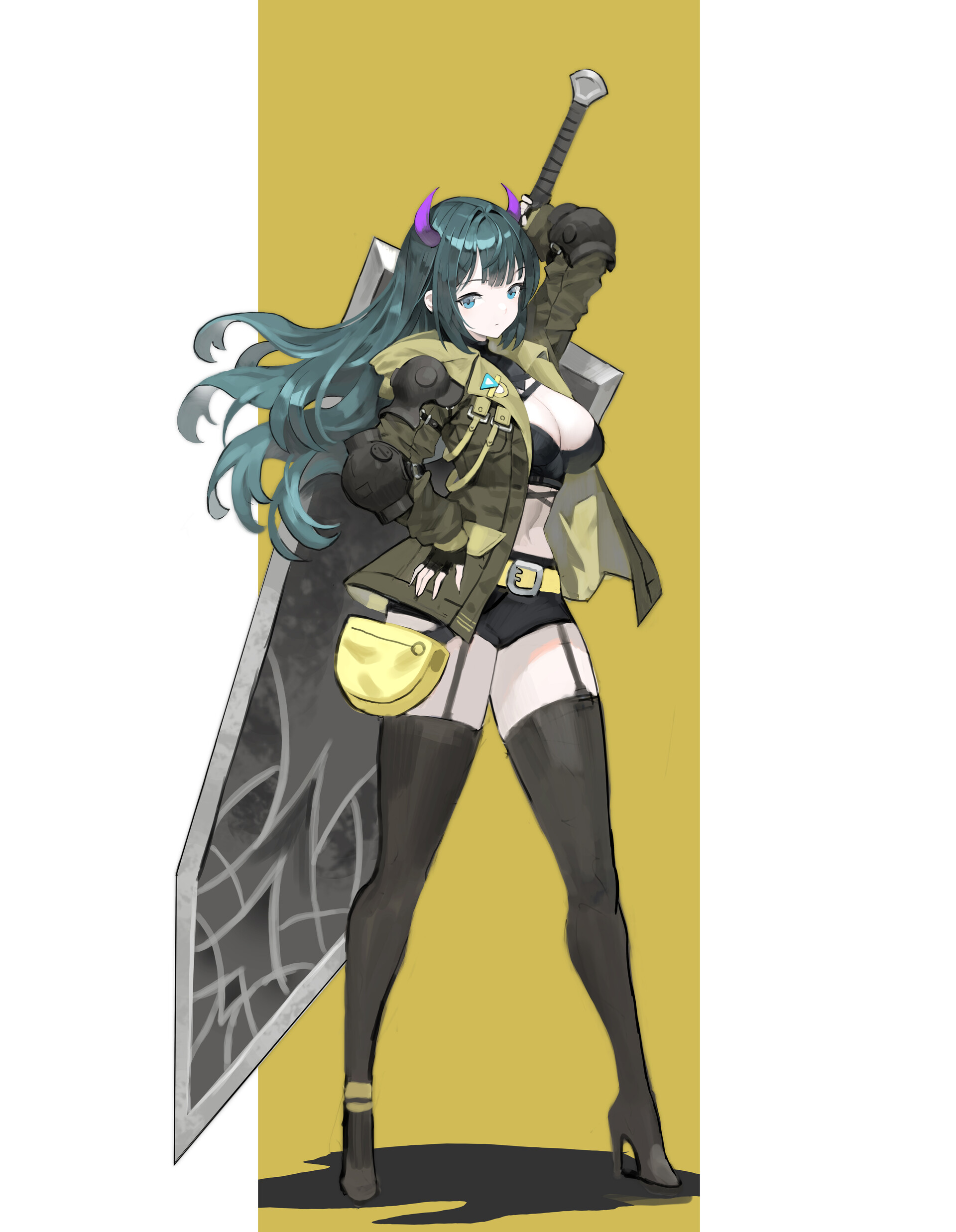 a stylized illustration of an anime girl warrior. she has blue hair, purple horns, and is wearing a militarystyle jacket, black shorts, and thighhigh stockings with high heels. she carries a large sword over her shoulder and has a yellow pouch on her hip. she also has a belt around her waist and a triangle jewel on her jacket. the background is a mustard yellow color.