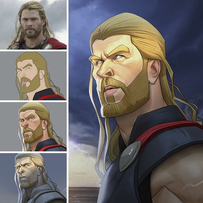 the image showcases different versions of thor, inspired by chris hemsworth's portrayal, presented in a comic book style or cartoon aesthetic. there are multiple images demonstrating different stages of creating a digital artwork of thor. the versions range from a base model, shaded with line art, to a fullyrendered, colored version. the setting appears to be a stormy backdrop with lightning, emphasizing thor's association with thunder and lightning.