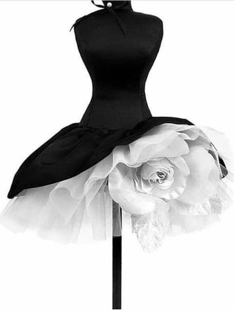 a black and white image features a dress on a mannequin. the upper part of the dress is black and formfitting, while the skirt is a voluminous white tutu with a large white rose accent. the mannequin stands on a pole.
