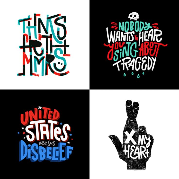 the image is a graphic design of 4 separate  illustrations with colorful fonts,  handdrawn text elements on each square,  a combination of text and abstract elements,  the text is stylized and unique and arranged in a grid format.