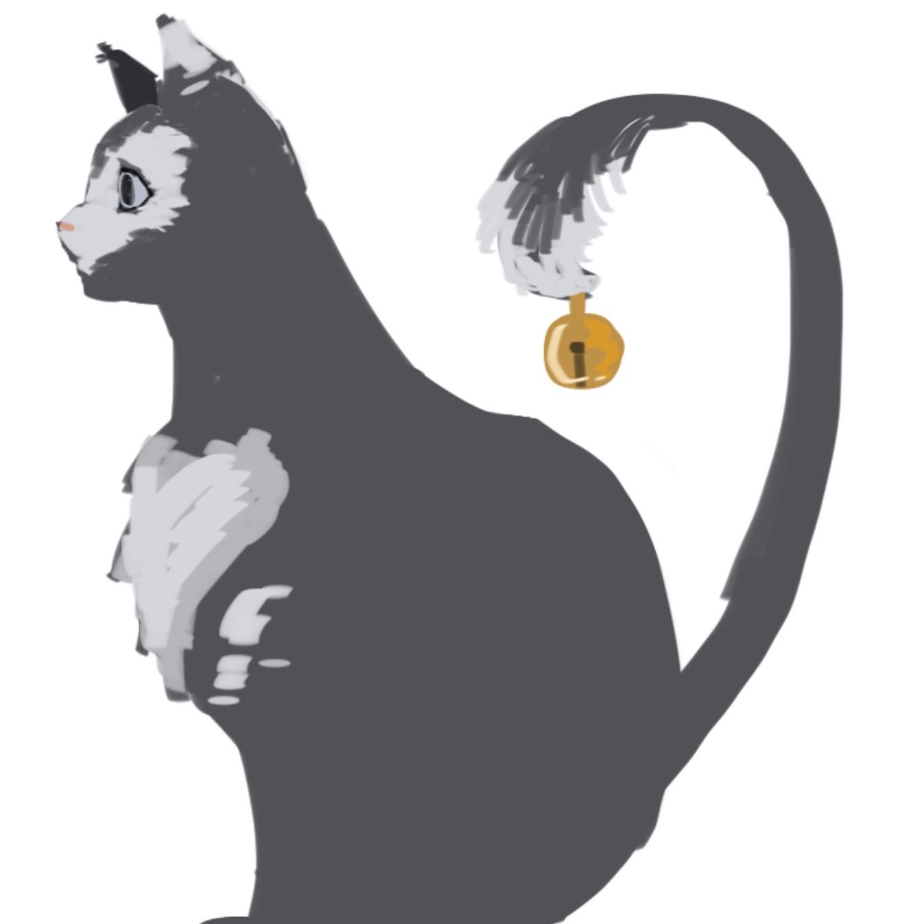 a stylized illustration of a black cat sitting in profile, facing left. the cat has a white chest, a long, curved tail, and a gold bell attached to a white patch of fur on its tail. the cat is drawn in a semirealistic style with simplified shapes and shading.