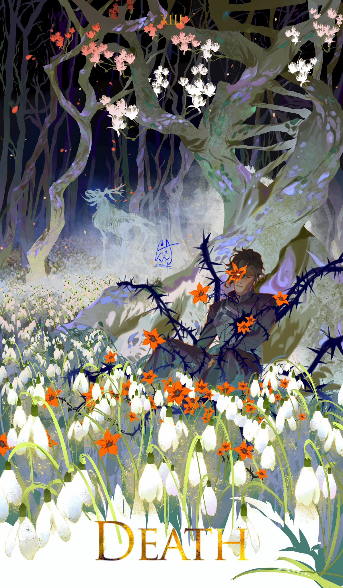 the image is a digital painting of a tarot card depicting death (xiii). the scene is set in a dark, atmospheric forest with bare, gnarled trees.  a man in dark clothing sits amidst a field of white snowdrops interspersed with vibrant orange flowers, seemingly surrounded by thorny branches.  a ghostly, translucent deer figure can be seen in the background.  the overall atmosphere is mystical and serene despite the subject matter. the word "death" is prominently displayed at the bottom in a golden font.  the style is painterly and detailed, showcasing a blend of realism and fantasy elements.