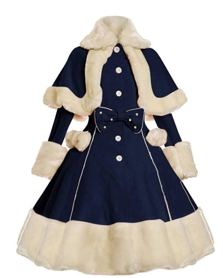 a navy blue winter coat with a white faux fur trim is shown against a white background. the coat features a cape, long sleeves, a bow at the waist, and an aline silhouette.