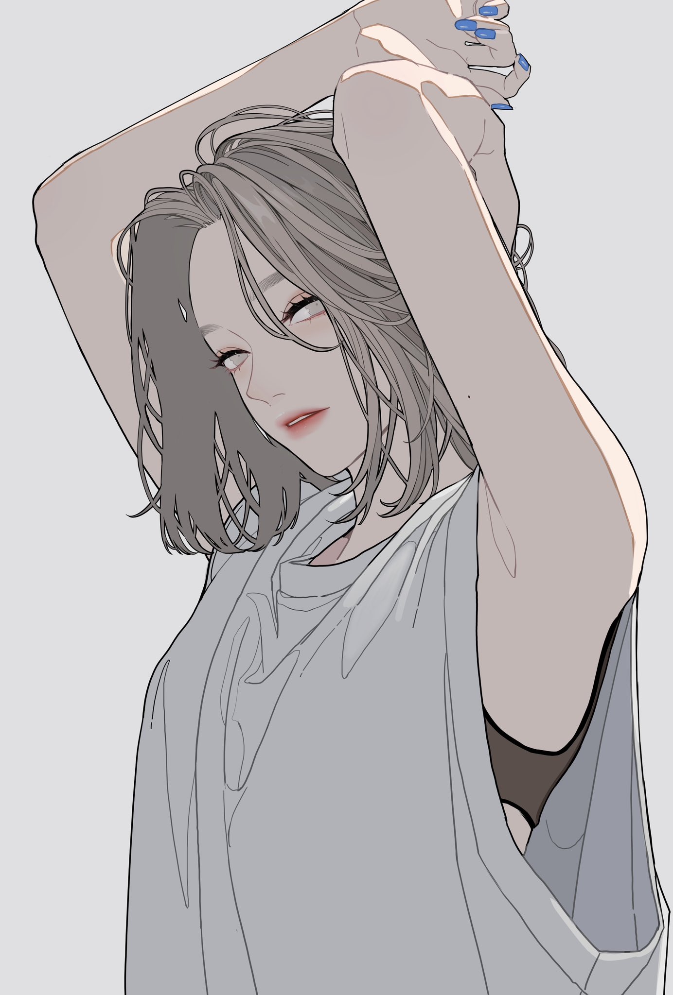 an illustration of a woman with gray hair, red lipstick, and blue nail polish, wearing a white tank top with a glimpse of a dark bra strap underneath. her arms are raised with hands clasped above her head against a gray background. the image is animestyle art.