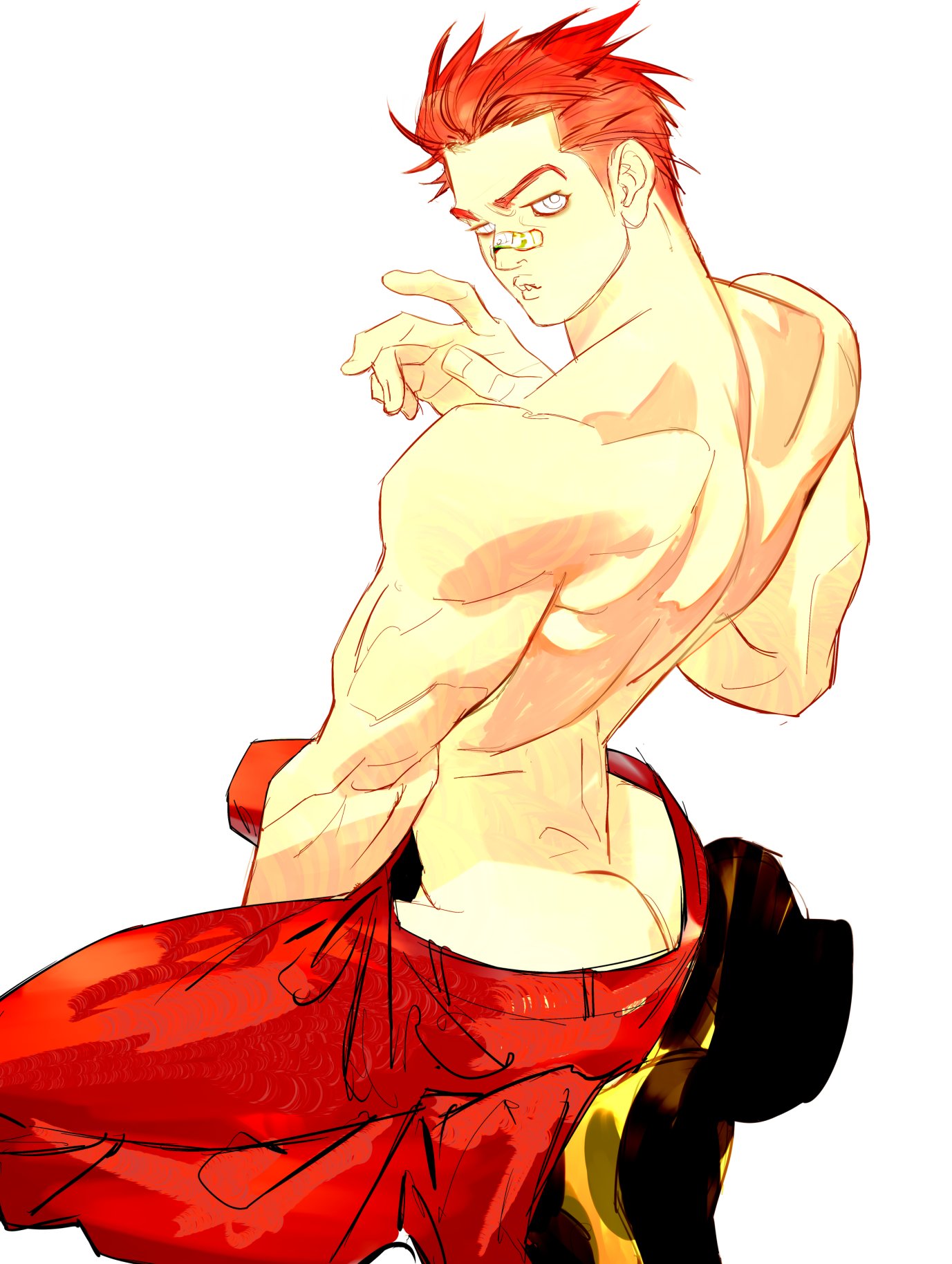 a muscular male anime character with red hair, a bandaged nose, and a red and black outfit. he is turned away from the camera and poses with a strong stance, displaying his muscles. the background is white. the artwork is done in a digital style with detailed shading and highlights.