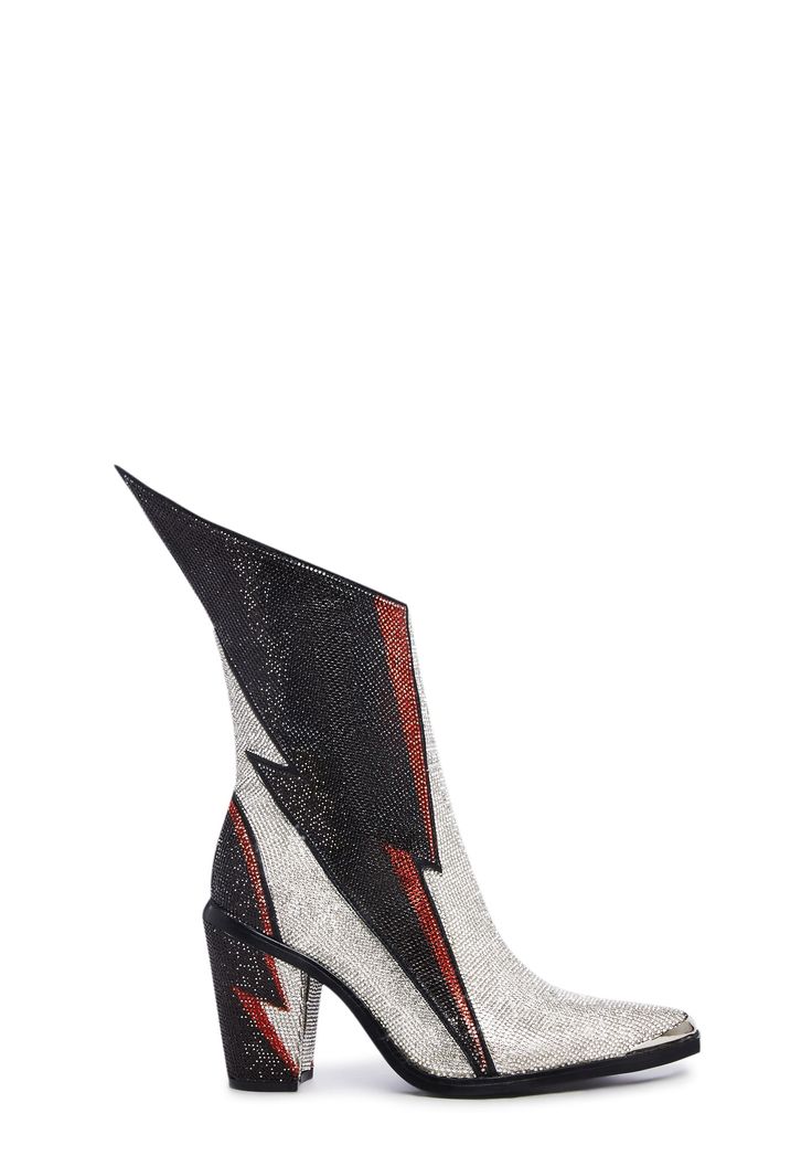 a pair of silver sparkly boots with a red lightning bolt design. the boots have a black heel and are ankle boots. they are a fashion item and footwear.