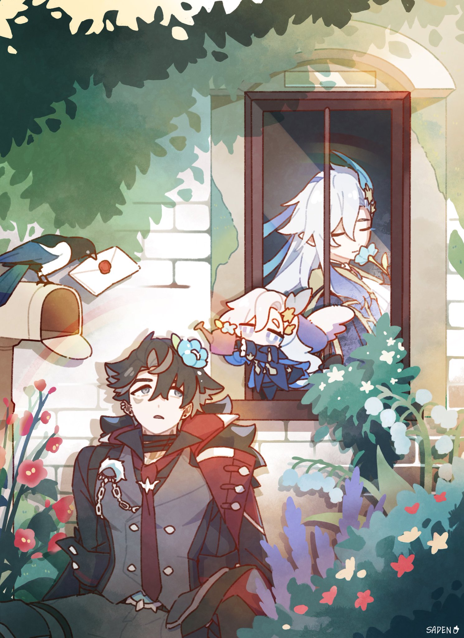 the image is a digital painting in an anime style. it depicts two characters from the video game genshin impact, xiao and venti. xiao is sitting on the ground outside a house, looking somewhat melancholic. venti is in the window of the house, looking out at xiao. there is a small fairylike character between them. a magpie with a letter is near a mailbox.  the scene is set in a pretty garden with lots of colorful flowers. the overall tone is peaceful and romantic. the style is soft and dreamy with light and shadow creating a sense of depth.