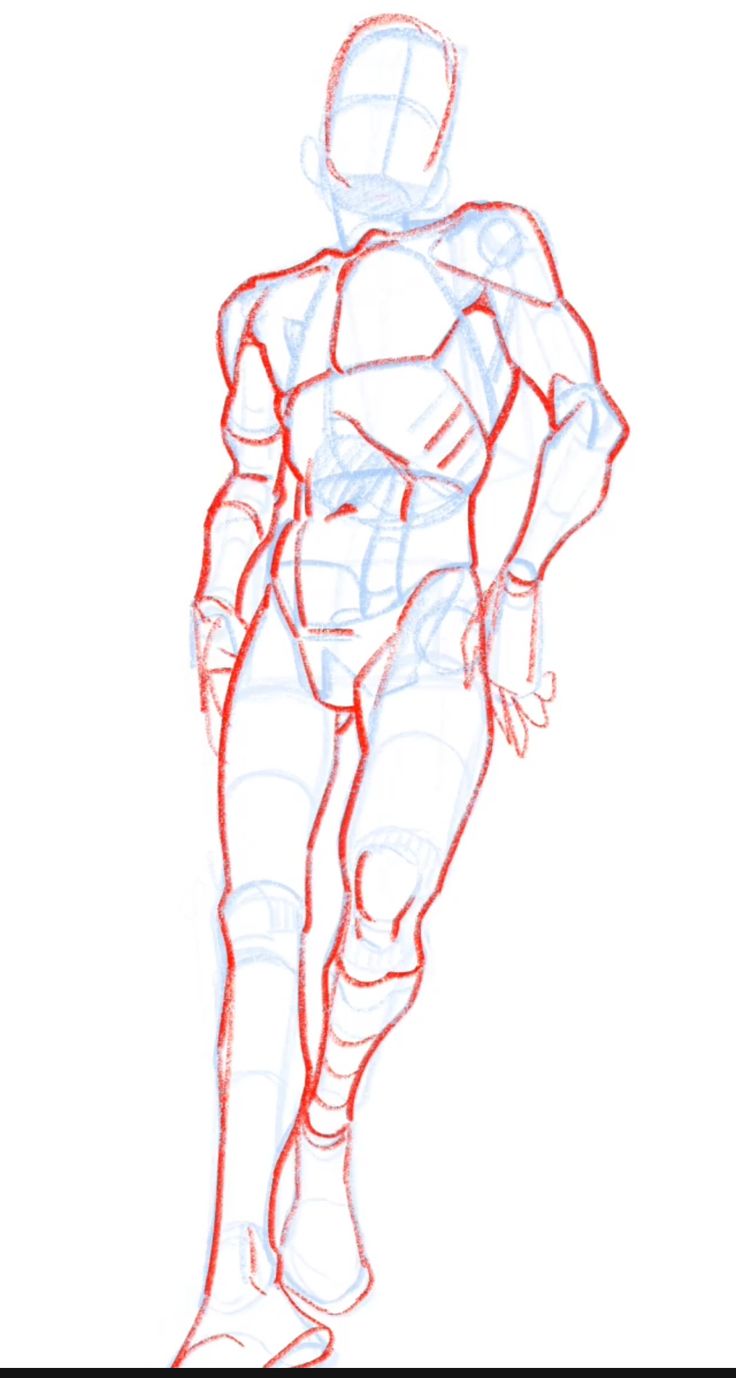 a drawing of a human body in a simple outline, rendered in red and blue lines. the figure is shown in a standing pose.