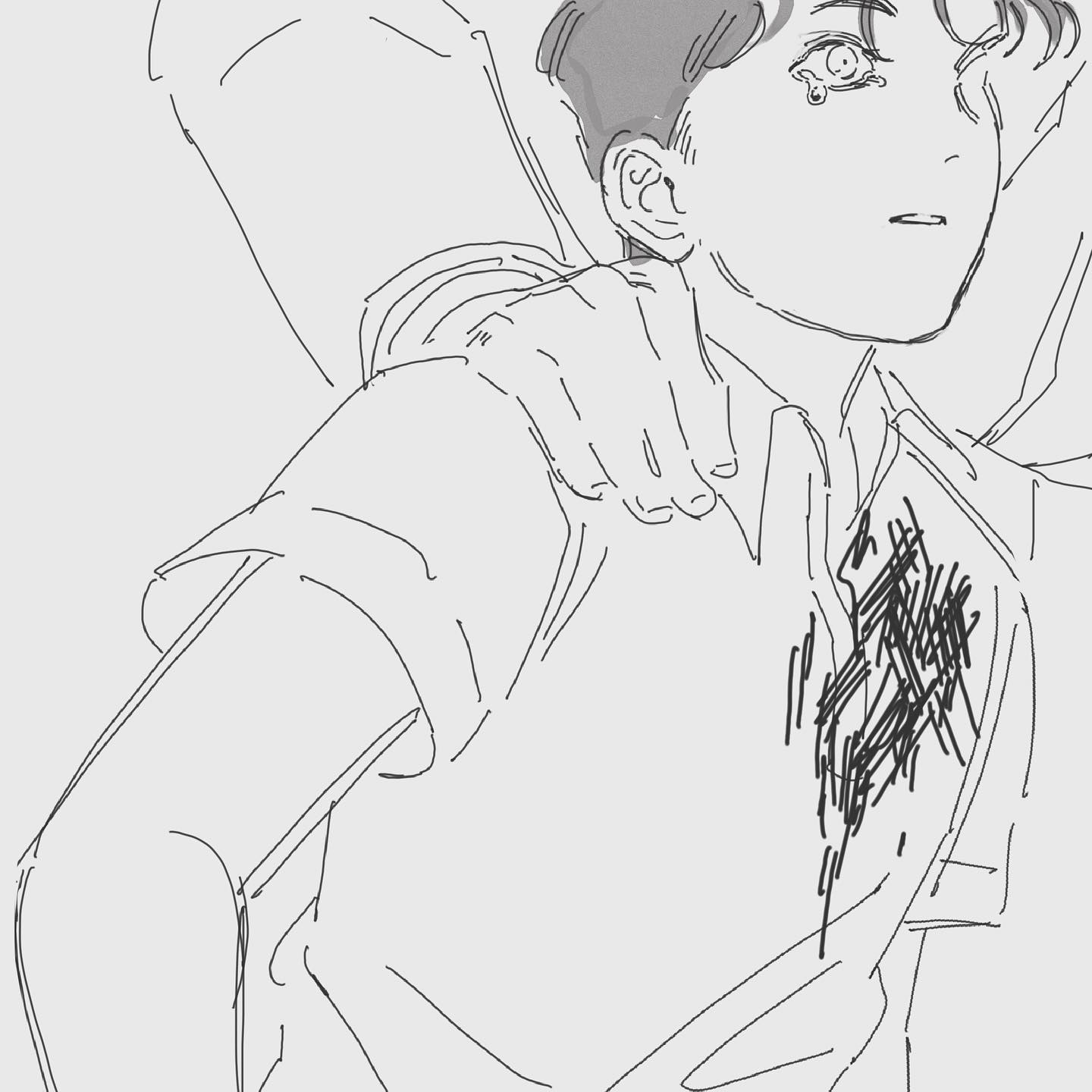 a sketch of an anime boy with his hand covering his chest. he appears to be crying and the drawing portrays a lot of emotions. the drawing style is very expressive and conveys a strong sense of sadness and pain.