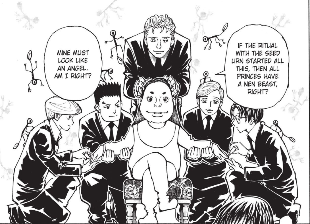 a black and white manga panel showing a group of people surrounding a seated young woman. each man has stick figures floating above his head and they're all engaged in conversation via speech bubbles. the text reveals that they are discussing a ritual with a seed urn and nen beasts.