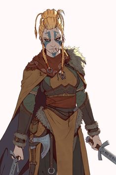 a fierce female viking warrior stands ready for battle. she is clad in furs, leather, and chainmail, with a sword in each hand and a battle axe strapped to her hip. she wears her blonde hair in braids and has blue war paint on her face.
