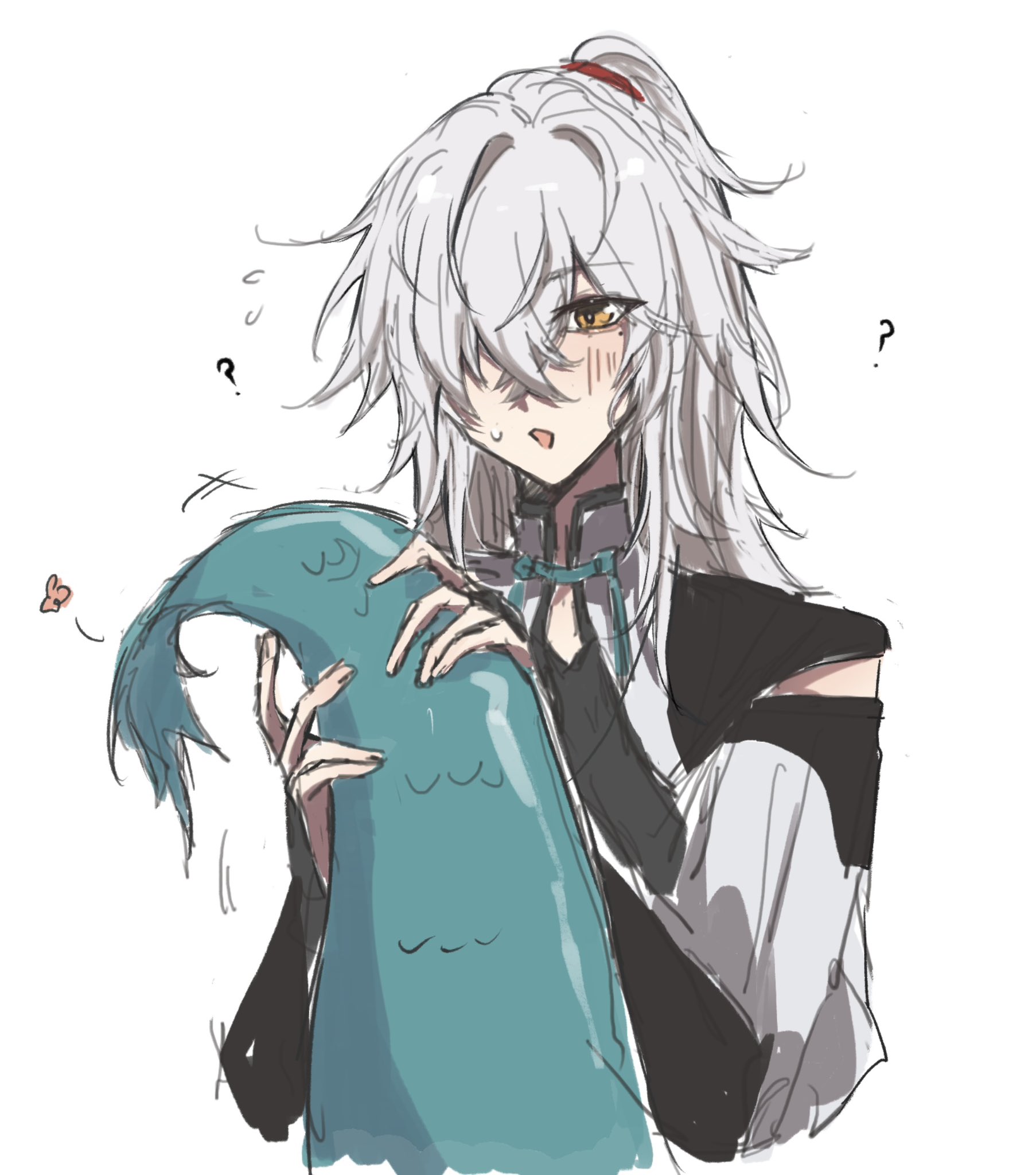an anime style illustration of a girl with long white hair, wearing a red ribbon and a blue tail. she looks confused and surprised, with her eyes wide and her mouth open slightly. she is holding her tail in her hands. the background is white.