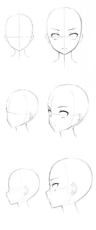 he image shows a stepbystep tutorial on how to draw an animestyle female head. it starts with basic shapes and guides before adding details like eyes and ears.  four different views of the head are shown: two frontal views and two side profiles. the style is simple and focuses on the fundamental structure of the head and face.  the lines are light and sketchy, showing the process of creating the drawing.