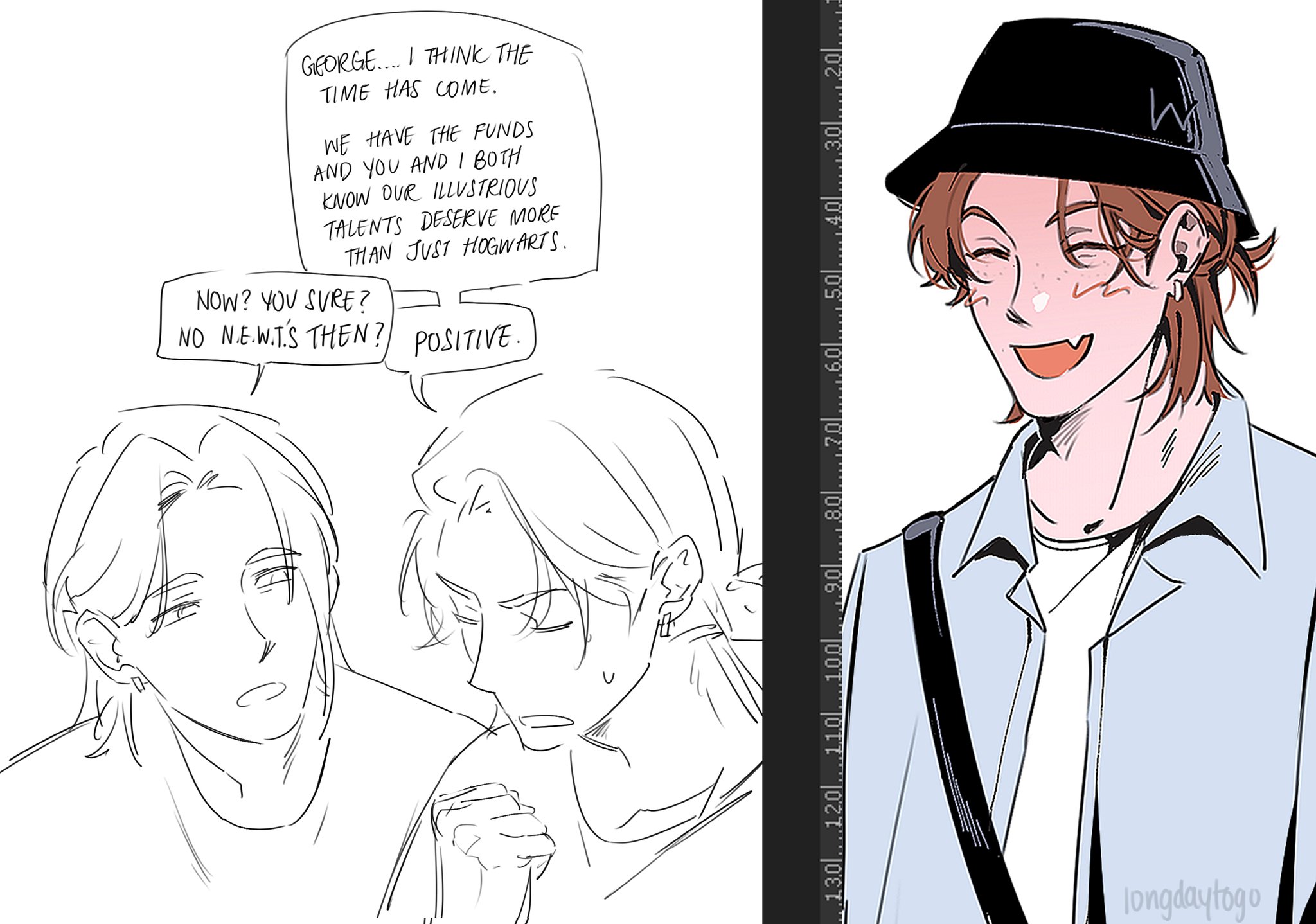 he image is a digital artwork combining two styles.  on the left is a sketch showing two male characters in a discussion.  thought bubbles contain their conversation suggesting a plan involving funds and talents beyond hogwarts (implied magical setting). the characters' expressions are thoughtful and somewhat conspiratorial.on the right, a fully colored and inked illustration shows one of the sketch characters in a more finalized, polished style. he's wearing a bucket hat and a light blue shirt. the ruler in the background suggests this is a work in progress.  the overall mood is positive and suggests a collaborative project or adventure. the artist's signature is visible in the bottom right.