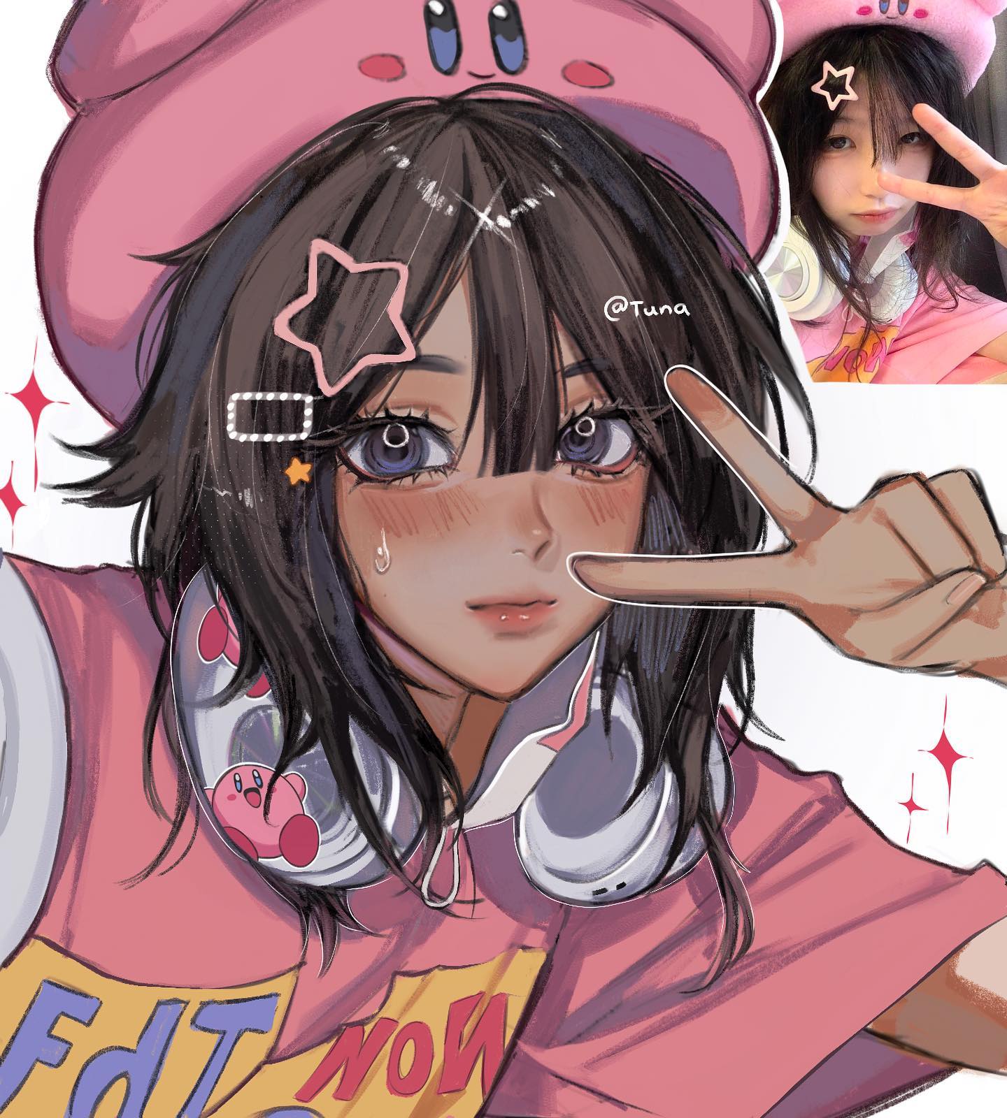 the image is a digital fan art piece depicting an animestyle girl. she's styled in a cute, kawaii manner with rosy cheeks and large eyes.  she's wearing a pink kirbythemed hat and a pink shirt that has "edit now" written on it.  she is also wearing headphones.  the girl is making a peace sign with her hands. in the upper right corner, a smaller inset shows a photo of a real person the anime girl seems based on, also wearing a pink kirby hat and making a similar peace sign. the overall style is soft, pastel, and visually appealing. the artist's tag "@tuna" is visible in the image.