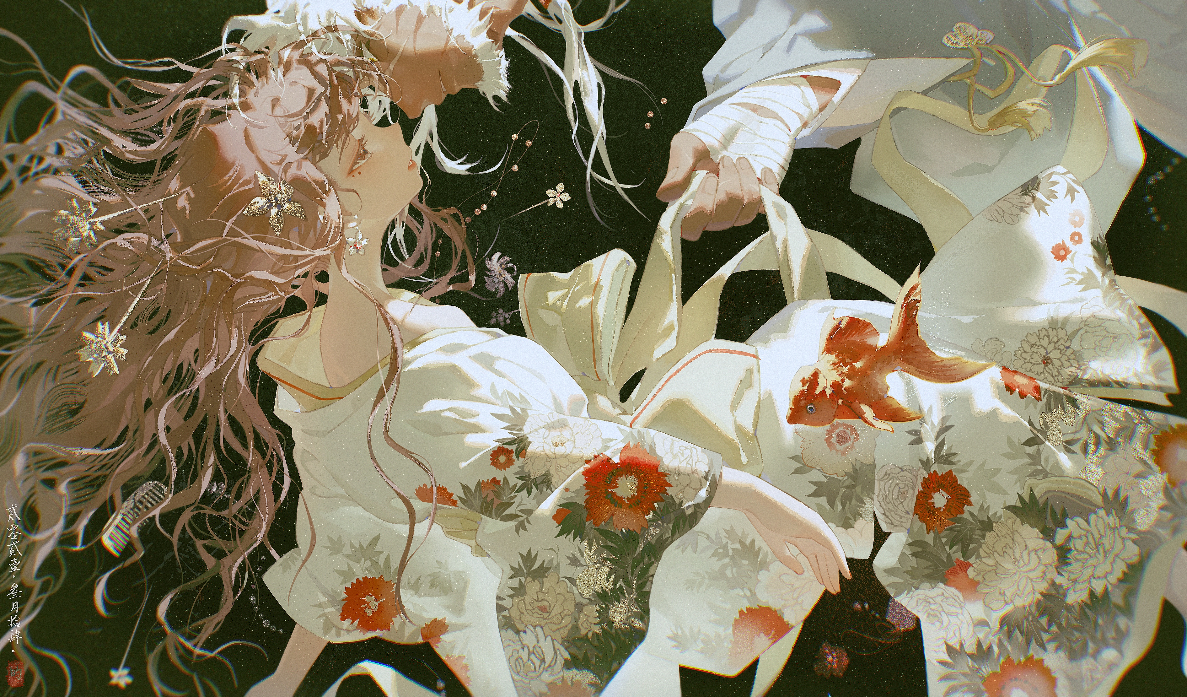 an animestyle illustration depicts a woman in a white kimono with floral patterns, floating underwater with long flowing hair and a gold fish in the background. the woman is in the middle of a dreamlike romantic scene.