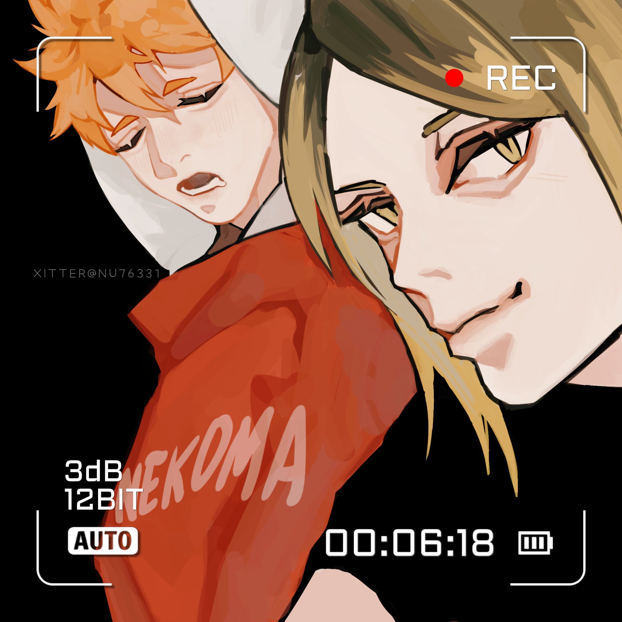 the image is a digital illustration of an anime boy and girl. the boy is wearing a red and white jersey with the word "nekoma" on it. the girl is wearing a black shirt. they are hugging each other, and the boy is looking down at the girl. the girl is smiling. they are captured in a camera frame with a timer on the bottom right, the background is black.