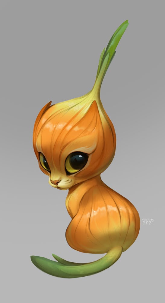 an illustration of a whimsical creature that is a hybrid of a cat and an onion. the creature has the body of a cat but its head and tail are shaped like an onion with a sprout coming out of the top. the creature has large, expressive eyes and a cute expression. the artwork is in a digital painting style with soft lighting and vibrant colors.