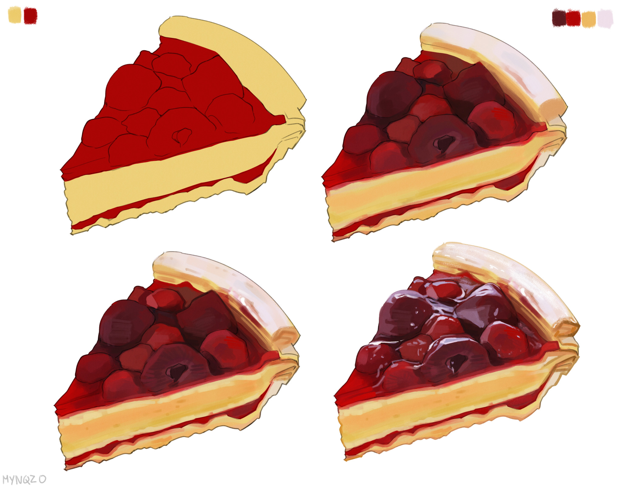 the image contains four variations of a cherry pie slice illustration. they all use the same color palette but utilize the colors differently for the cherries, crust and filling.