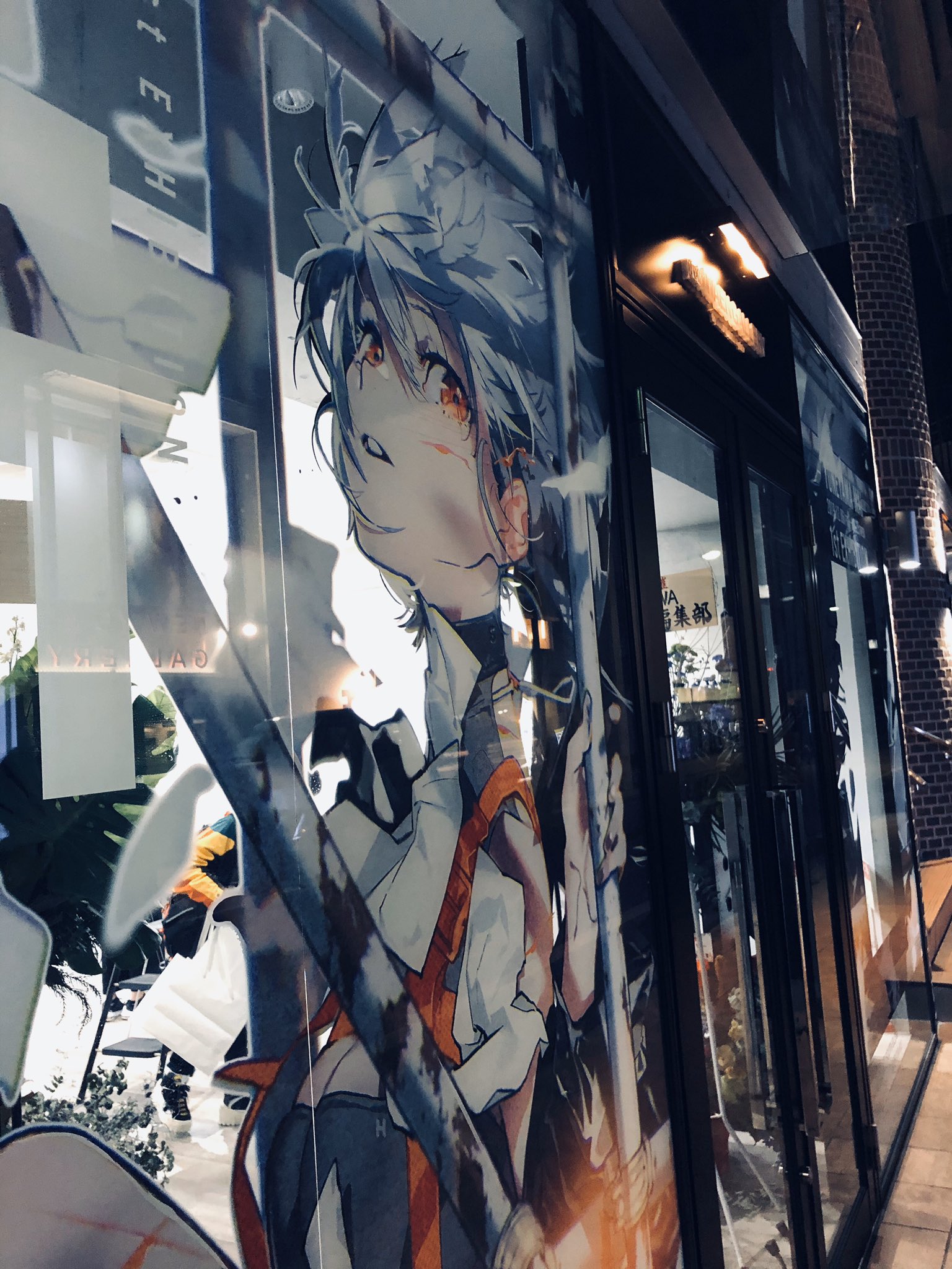 the image shows a storefront at night with a large animestyle illustration of a girl with silver hair and a sword covering the glass windows.  the girl's image is reflected in the glass, and the lights of the city can be seen reflected in the window as well.