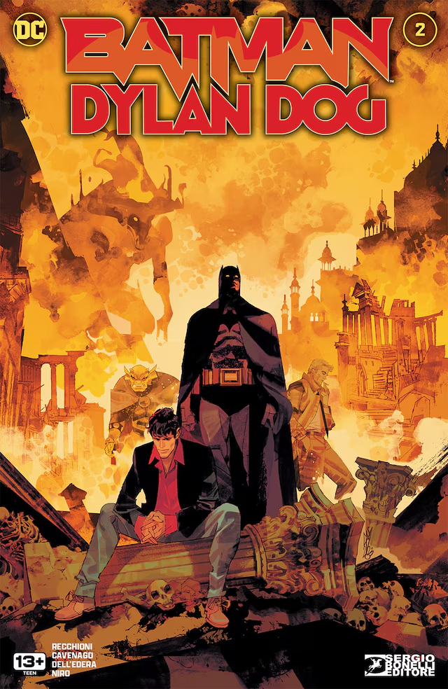 the comic book cover features batman and dylan dog standing amidst a fiery, hellish cityscape. batman stands tall in the center, his cape billowing behind him, while dylan dog sits dejectedly on a broken column in the foreground. the background is dominated by burning buildings and demonic figures, creating an ominous and oppressive atmosphere. the overall color scheme is a fiery orange and black, further enhancing the sense of danger and supernatural dread.