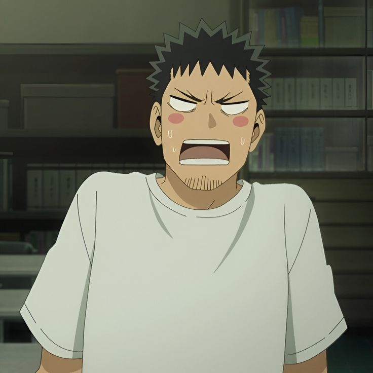 this is a closeup illustration of a surprised or shocked anime character. the man has spiky black hair, a light complexion with rosy cheeks, and his mouth is wide open in astonishment. he's wearing a plain white tshirt. the background is slightly out of focus, suggesting an indoor setting with bookshelves and files. the lighting is soft, contributing to the overall gentle and expressive tone of the image.