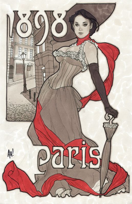 the image is a vintagestyle drawing depicting a woman in paris in 1898. she is wearing a hat, a corset, and long gloves, and she is holding an umbrella. a red scarf is draped around her. behind her are buildings, a street lamp, and the year "1898." the word "paris" is written in large letters at the bottom of the image. the style is reminiscent of art nouveau.