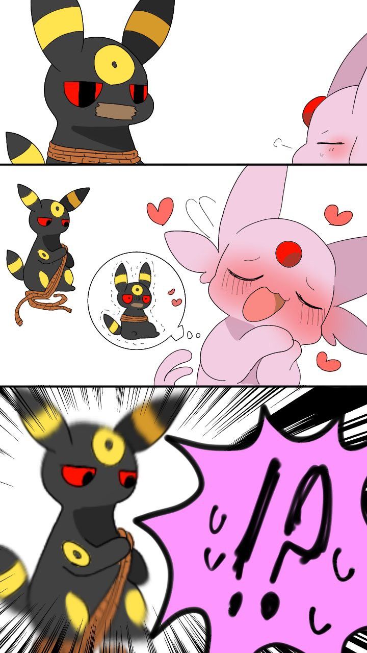 this is a fourpanel comic featuring darkrai and espeon, two pokémon.  the first panel shows a tiedup darkrai looking somewhat annoyed. the second panel shows a blushing espeon and a smaller image of darkrai still tied up within a thought bubble, suggesting espeon's feelings towards darkrai. the third panel shows darkrai struggling against the ropes, looking angry. finally, a large pink exclamation point signifies darkrai's surprise or outrage. the style is clearly animeinspired, with exaggerated expressions and bright colors.