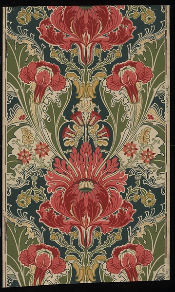 the image shows a detailed closeup of a vintage wallpaper or textile design. the pattern is heavily floral, featuring large stylized red and pink flowers with intricate leaf details in shades of green and beige on a dark teal background. the design is symmetrical, with a central motif flanked by mirrored elements.  the style is reminiscent of art nouveau or arts and crafts movements, with an ornate and intricate aesthetic. the text "the dovedale" is visible on the right edge of the image, likely indicating the name or origin of the design. the image is likely a highresolution scan of an original piece of wallpaper or a design sample.