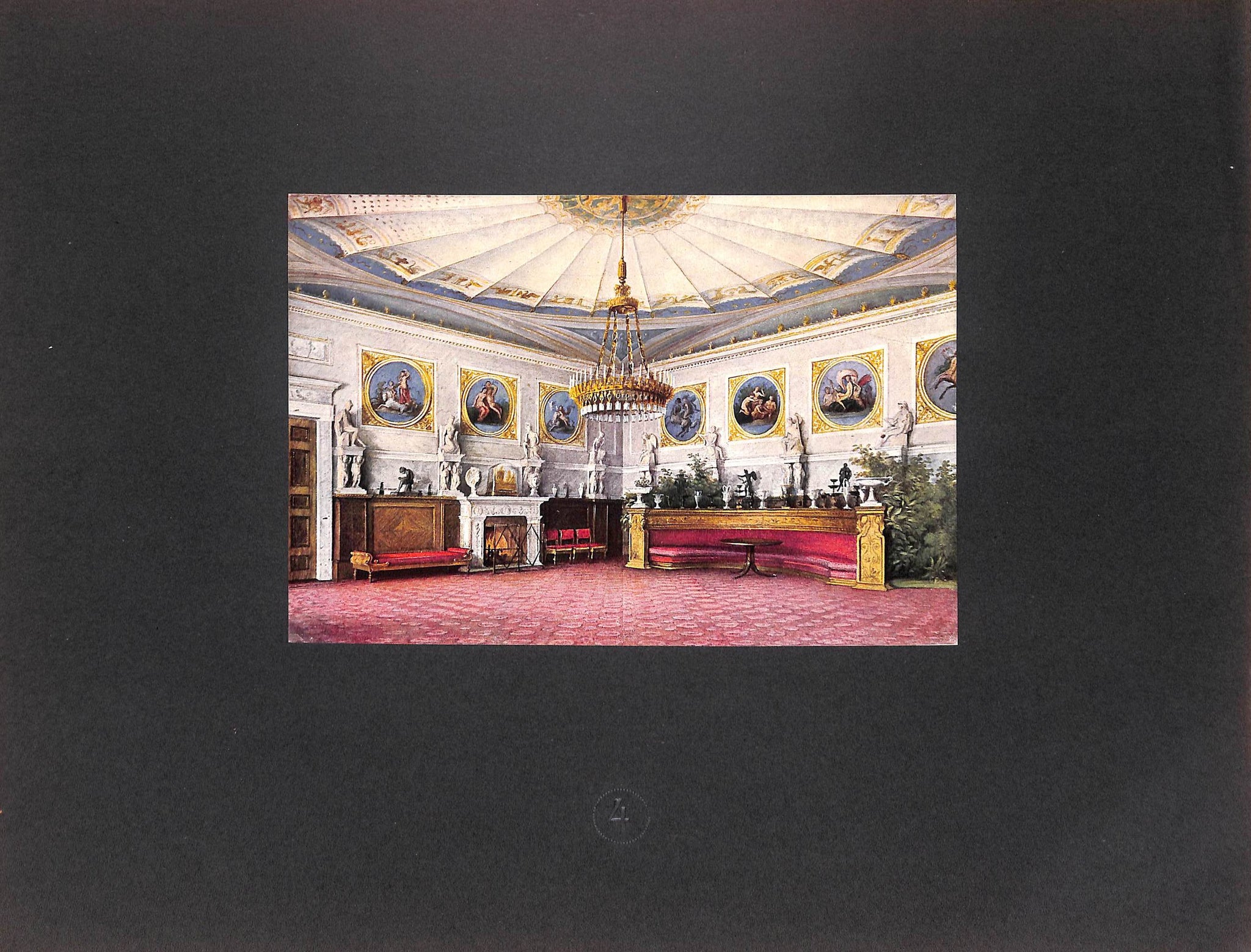 interior view of a grand room with classical decor. it features a large chandelier, paintings on the walls, statues flanking architectural elements, a fireplace, and ornate furniture. the room has a red carpet and a decorative ceiling.