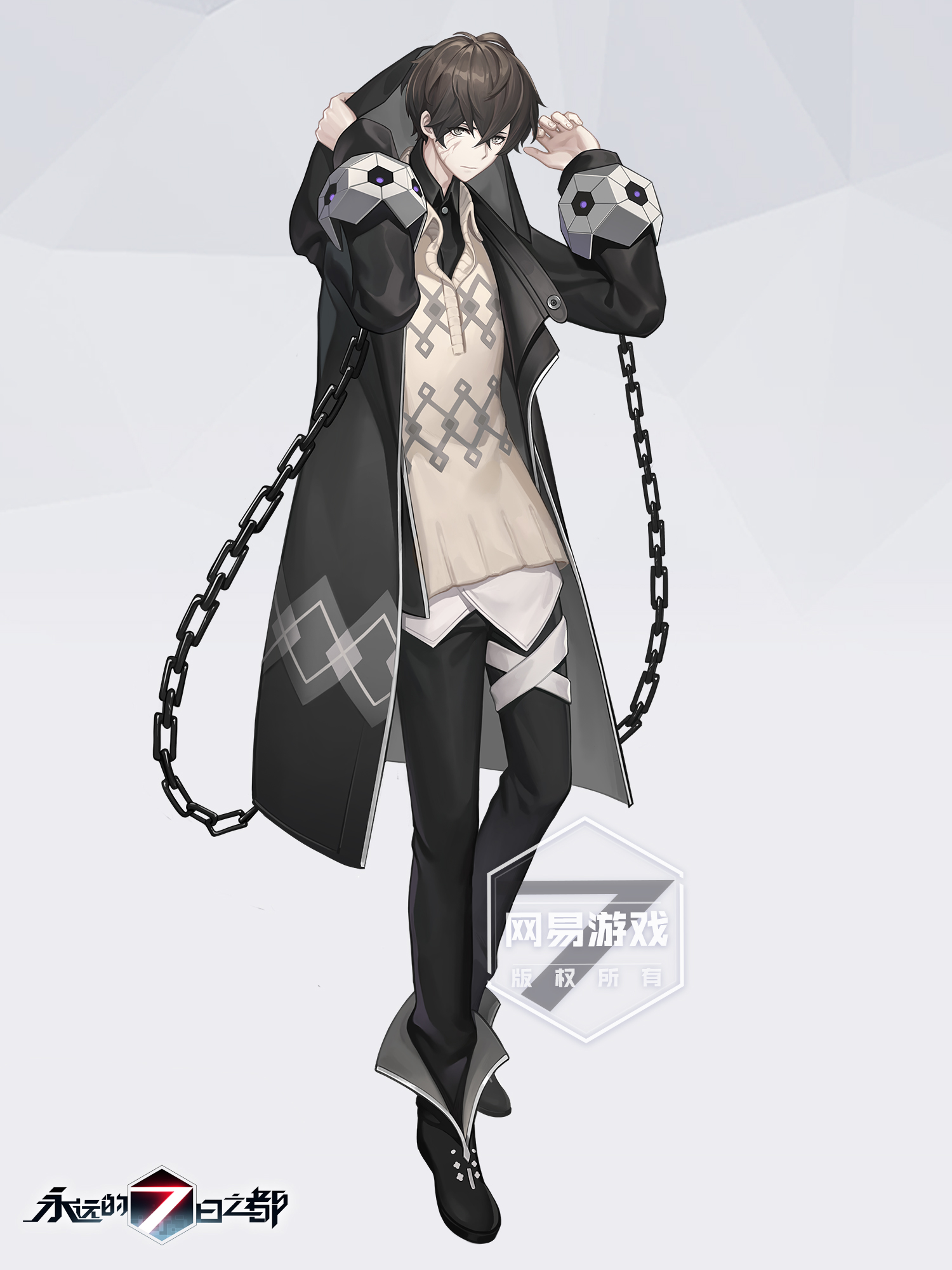 this is a drawing of an anime male character with black hair, wearing a black coat, a white sweater and black pants. he is holding a chain in his right hand and is looking to the left. the background is white.