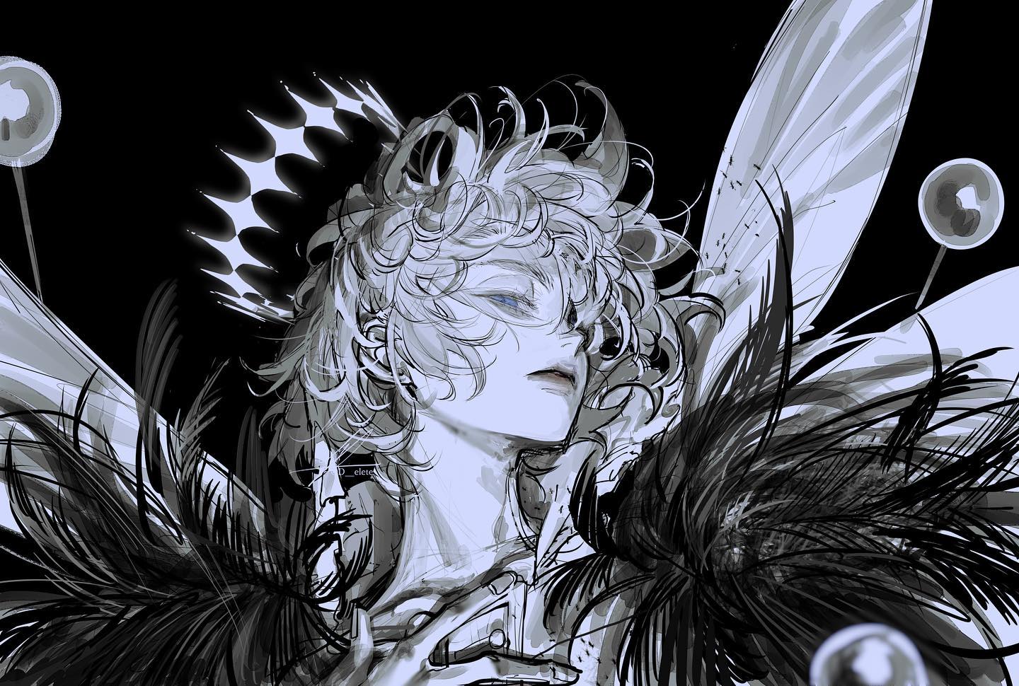 he image is a striking black and white illustration of an animestyle male character.  he has long, wavy lightcolored hair, striking blue eyes, and wears a crownlike headpiece.  he is adorned in what appears to be a dark, feathery or winged garment, giving him an otherworldly, possibly angelic or demonic appearance. the style is highly stylized, with expressive lines and shading that create a sense of depth and movement. the background is dark, further emphasizing the character. the overall aesthetic is dark, elegant, and slightly mysterious.