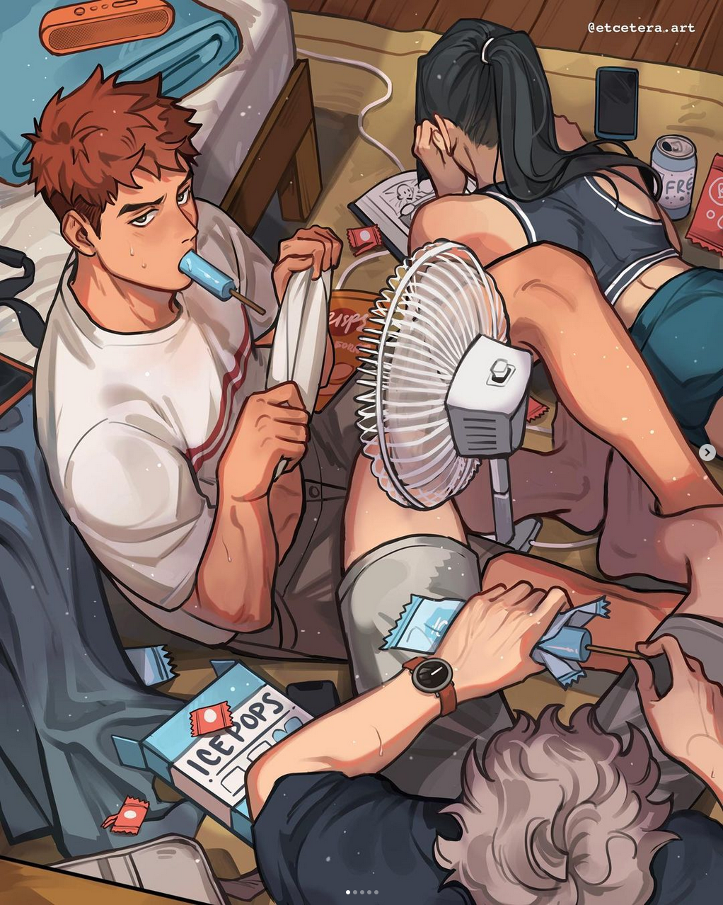 the illustration shows three young adults sprawled on the floor of a bedroom, escaping the summer heat. the warm, natural light coming from the right illuminates the scene. two men and a woman are enjoying popsicles and snacks, cooled by a single, small electric fan. one man with reddishbrown hair sits in the foreground, unwrapping a popsicle with a focused expression. behind him, a woman with long black hair leans against the bed, seemingly absorbed in something on her phone. another man with grey hair lies on his stomach in the foreground, reaching for a blue popsicle. the room suggests a casual, livedin space, with snacks and personal belongings scattered around. the overall atmosphere evokes a sense of relaxed summer camaraderie.