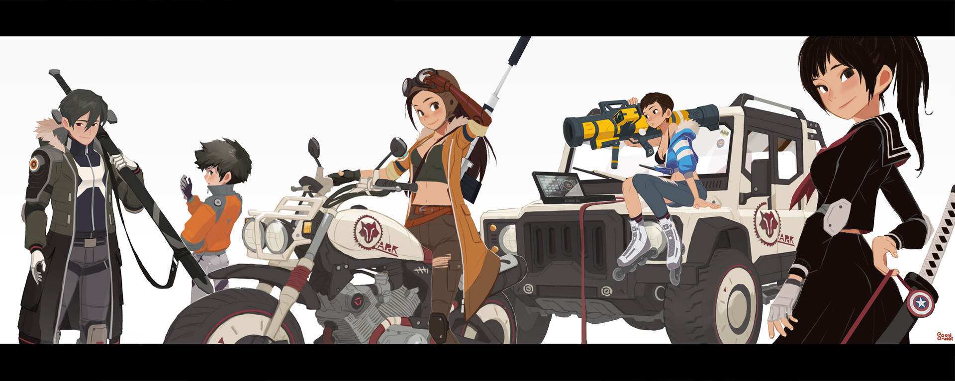 five animestyled characters are lined up in front of a white background. the characters are all holding weapons and look prepared for battle. one character is sitting on a motorcycle, and another is sitting on top of an offroad vehicle. the overall mood of the image is one of excitement and adventure.