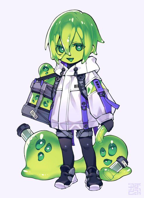 the image showcases a stylized animestyle character, seemingly a young girl, whose body is primarily composed of bright green slime. the character possesses large, expressive eyes and is dressed in a white hooded jacket adorned with purple accents, black tights, and black shoes.  the character is carrying a boxlike container and is partially supported by two additional slimelike figures, one larger than the other. one of the slime forms is a flasklike shape with a smaller vial resting on it. the art style is vibrant and detailed, characteristic of digital painting or illustration. the background is a minimalist offwhite, keeping focus on the character. the overall mood is playful and slightly whimsical.