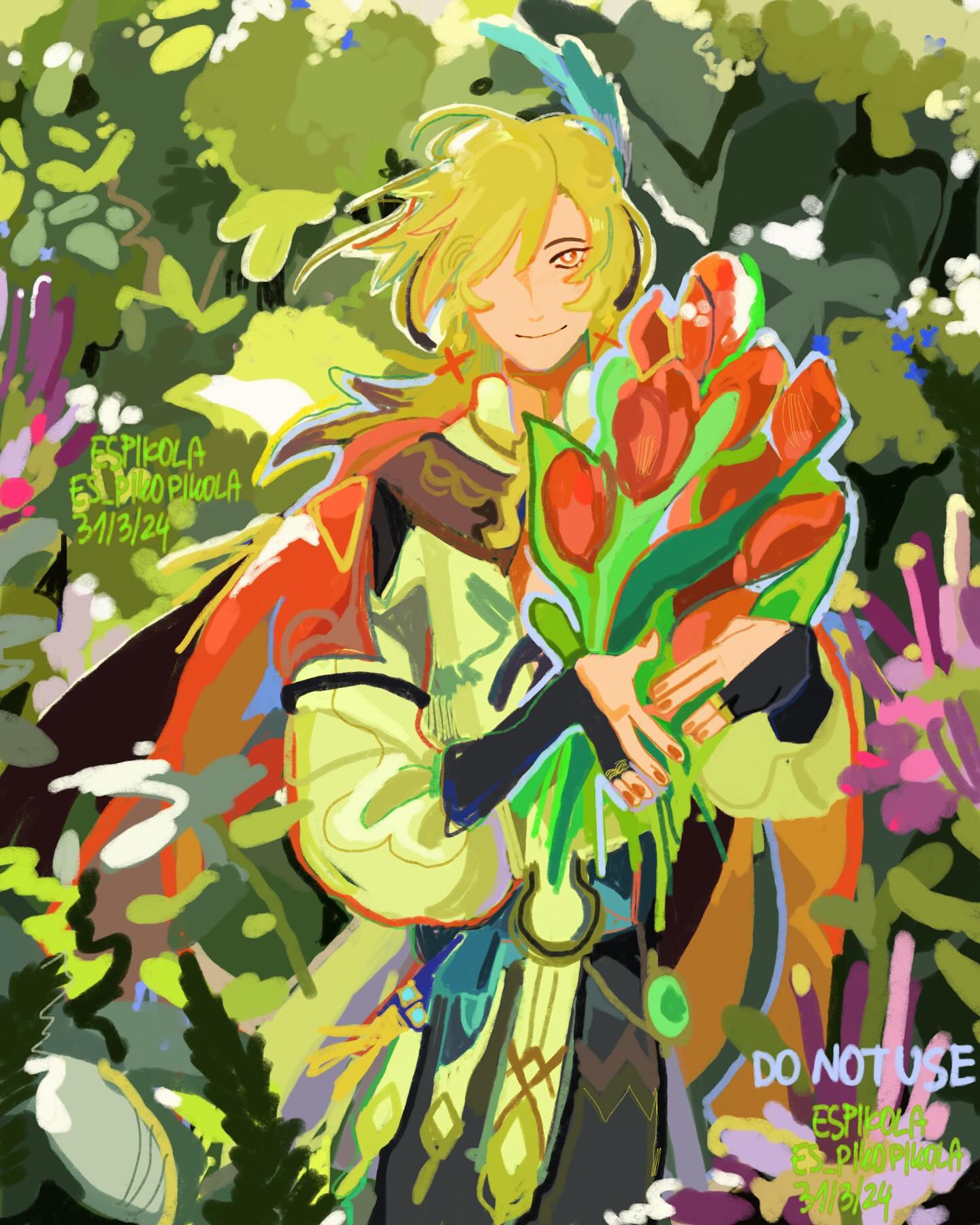 the image is a vibrant digital painting in a loose, expressive style reminiscent of anime or fanart. it depicts a young male character with long blond hair, wearing elaborate, stylized fantasy clothing in shades of yellow, orange, and green. he is holding a large bouquet of red tulips. the background is a lush, impressionistic depiction of a garden or forest with green foliage and hints of other flowers. the artist's signature or watermark is visible in the bottom left and right corners. the overall aesthetic is bright, cheerful, and somewhat whimsical.  the style suggests the possibility it's fanart of a character from a video game, possibly genshin impact given the style and character design, though this is not explicitly stated.