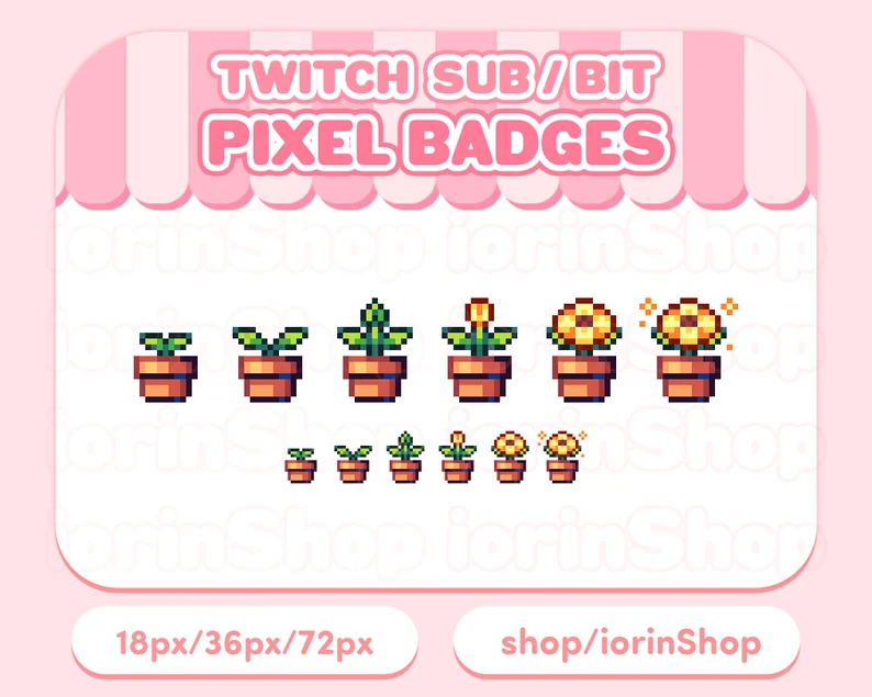 a set of pixel art badge designs for twitch subscribers and bit donors. the badges feature a growing flower in a pot, with different stages of growth representing different sub tiers or donation levels. the badges come in three sizes: 18px, 36px, and 72px.