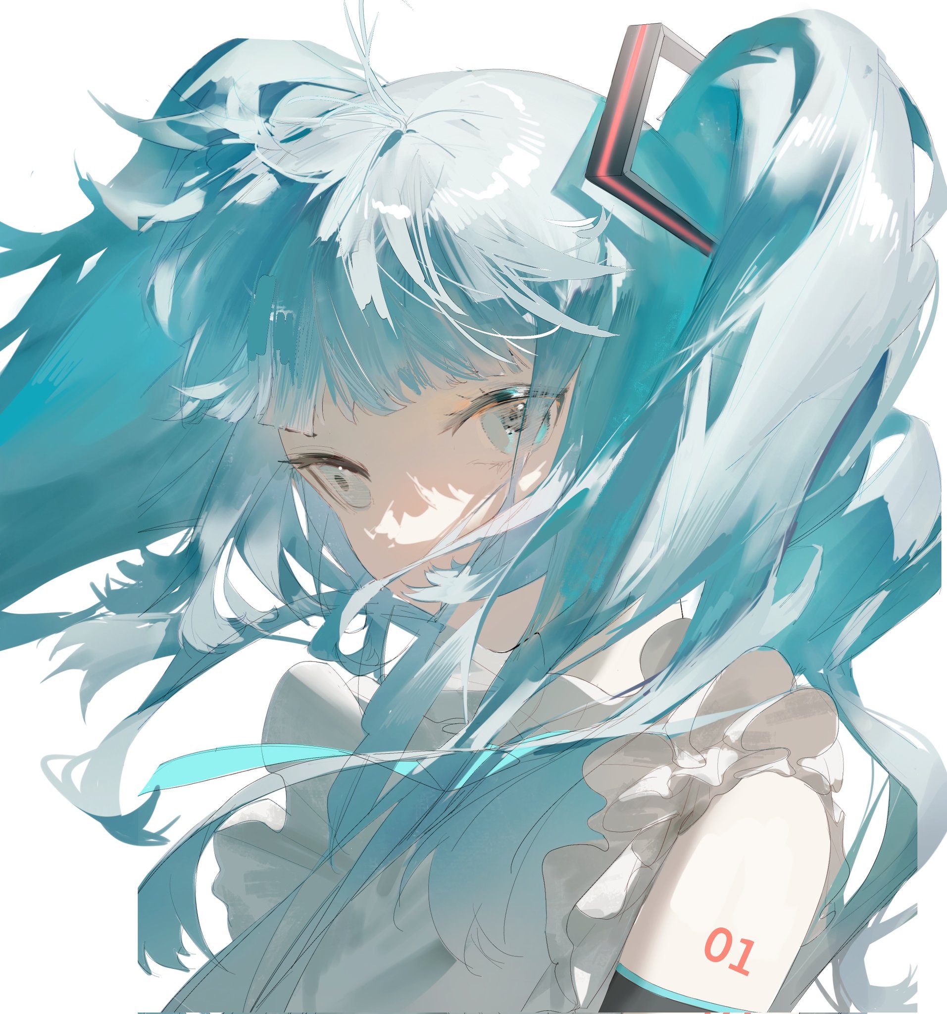 the image is a digital painting or illustration in a style reminiscent of watercolor, depicting a young anime girl who strongly resembles hatsune miku. she has long, flowing turquoise hair styled in twintails, with a partially visible accessory resembling miku's signature headwear. she is wearing a lightcolored, seemingly white, dress with ruffled detailing at the shoulders.  a stylized "10" is visible as a tattoo or marking on her upper arm. the overall style is ethereal and delicate, with soft light and shading creating a dreamy atmosphere. the artist's focus is on the girl's hair and face, which are rendered with great detail and a soft, almost painterly texture. the background is plain white, making the figure the focal point.