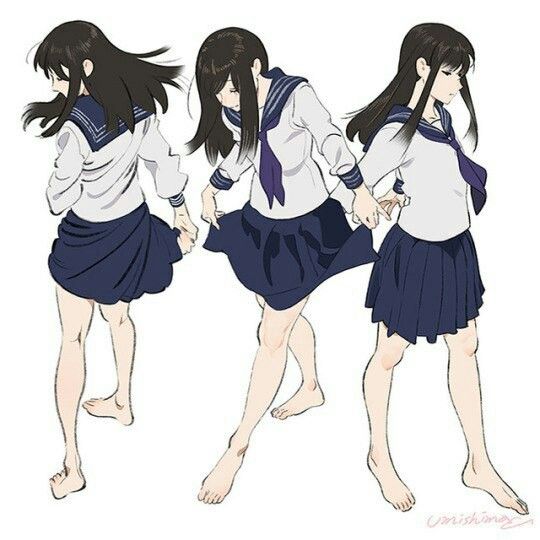 this is an illustration of three anime girls in school uniforms. they are all wearing white shirts with blue sailor collars, blue skirts, and white socks. they are all standing in different poses. the girl on the left is looking to the left, the girl in the middle is looking straight ahead, and the girl on the right is looking to the right. they all have long black hair and are smiling. the drawing is in a manga style.