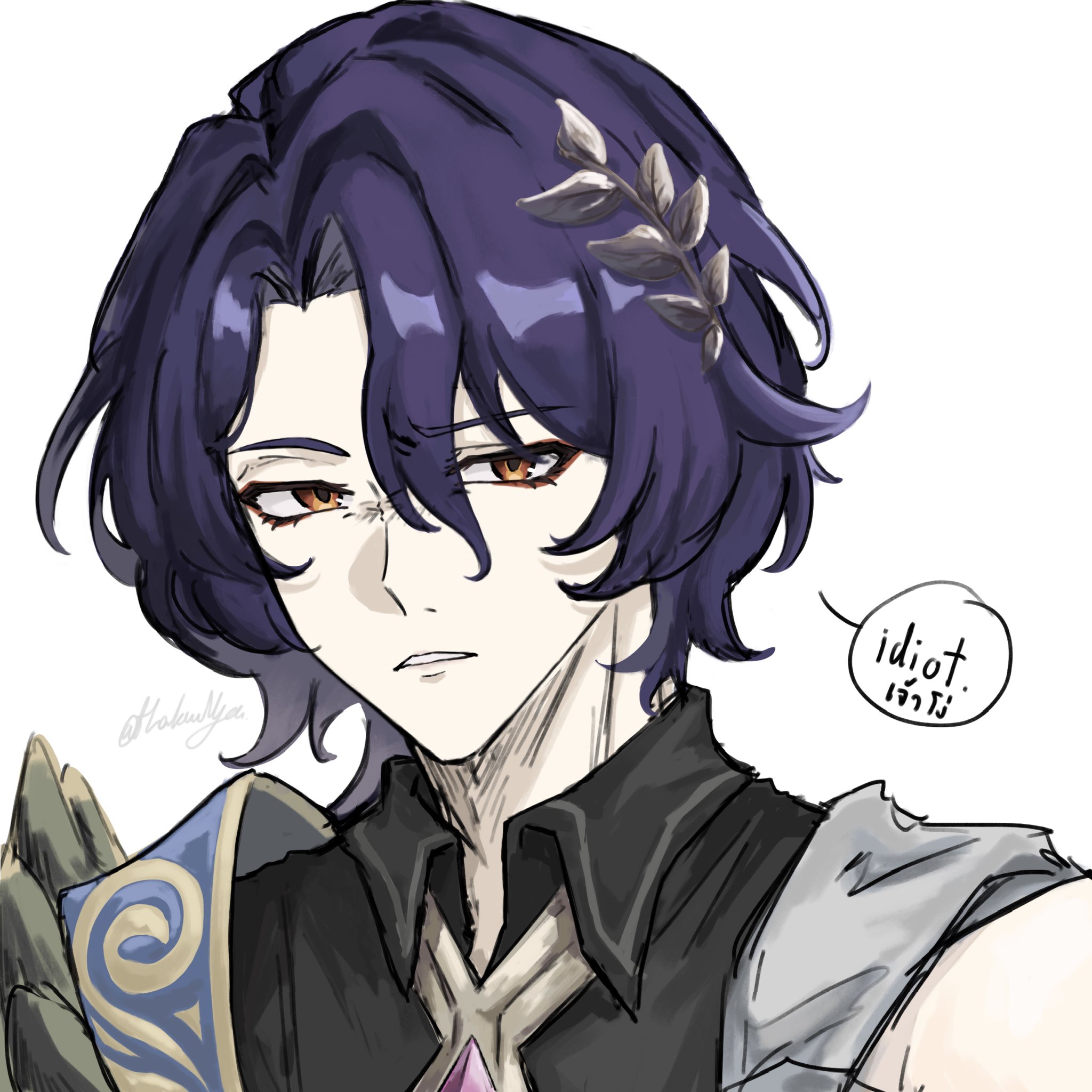 an anime style drawing of a young male character with purple hair. he has a serious expression on his face, with his eyes narrowed slightly. he is wearing a dark collared shirt and a dark sleeveless shirt. he has a  necklace with a  jewel in the center.  he has a speech bubble above his head, which says, "idiot" in japanese. the background is plain white.