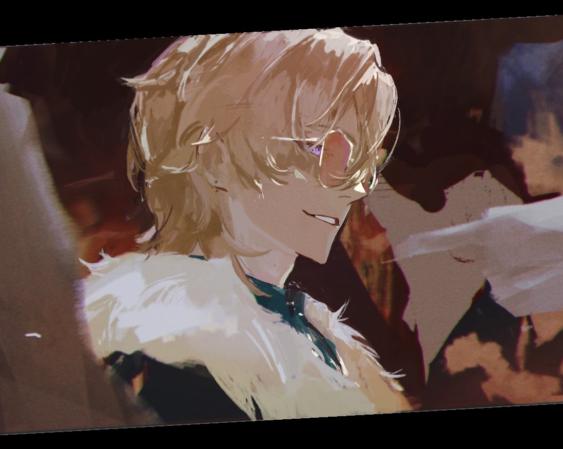 he image is a digital painting or fanart of an animestyle male character. he has shoulderlength blond hair, is wearing stylish glasses with purple accents, and a fur collar.  his expression is a confident smirk. the art style is painterly and atmospheric, with a blurred background suggesting a dimly lit, possibly indoor setting.  the overall mood is stylish and slightly moody, emphasizing the character's confident demeanor. the focus is on the character's face and upper body, with less detail given to the background which is mostly dark brown and blurry with hints of other people and an indistinct setting. the color palette is warm and muted, enhancing the overall atmosphere.
