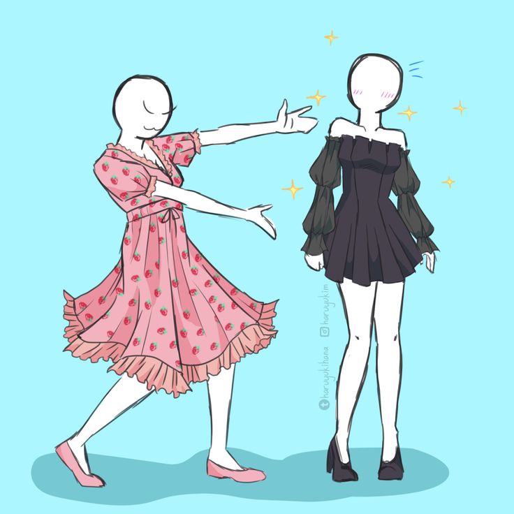 the illustration depicts two stick figures, both girls, dressed in fashionable outfits. one girl is wearing a pink dress with a strawberry print and the other is wearing a black dress. both girls are smiling and seem to be happy with their outfits. the background is a light blue color.