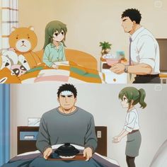 the image depicts two scenes from an anime. in the first scene, a young girl is sitting on a bed, possibly sick, while a man, presumed to be her father, brings her a tray of food. the setting appears to be a bedroom. the second scene takes place in a hospital room, where the man is now the patient, lying in bed. the girl, holding her hands together, looks on with concern as he eats from a tray. the overall atmosphere suggests a close and caring fatherdaughter relationship, with the roles of caretaker and receiver switching between the two scenes.