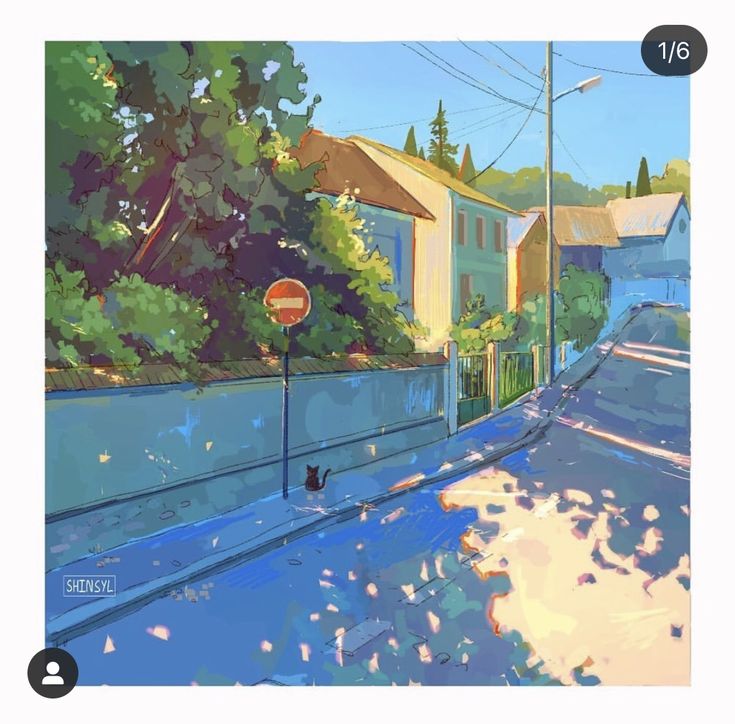 the digital painting showcases a sundrenched street scene in a suburban neighborhood. the viewer's perspective is at street level, looking up a gentle incline. sunlight filters through the leaves of trees, casting dappled shadows on the street and sidewalk. a black cat sits at the edge of the sidewalk, enjoying the warm day. buildings line the street, painted in light, cheerful colors. the overall feel is one of peace and tranquility.