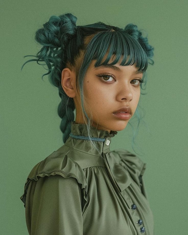 loseup portrait of a young woman with teal hair styled in space buns with braids. her bangs are blunt and straight. she is wearing a stylish olive green shirt with a ruffled collar and high neck. the background is a solid, matching green. the overall aesthetic is high fashion and artistic.