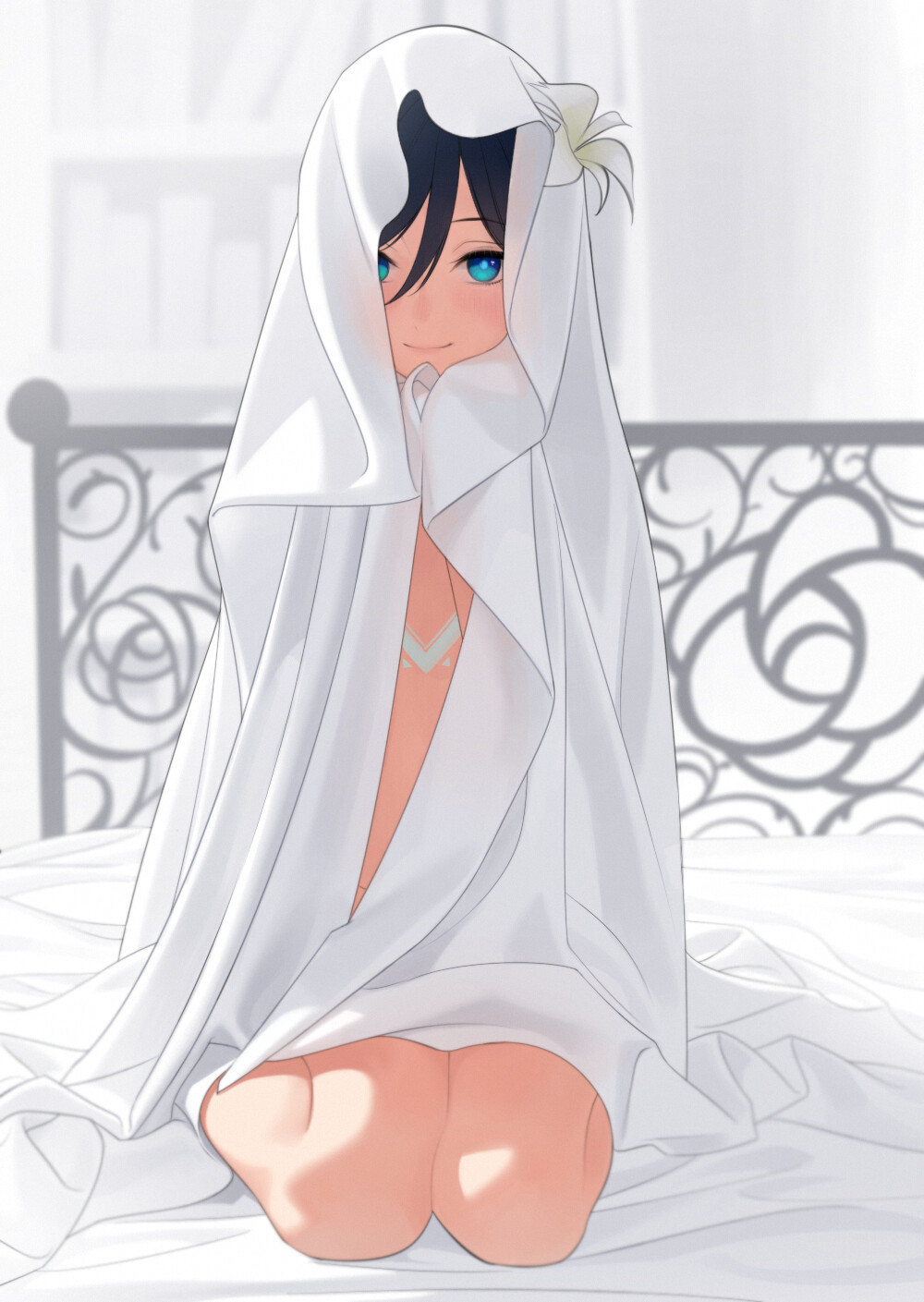 he image showcases a young anime girl with dark blue hair and captivating blue eyes. she is sitting on a bed with a white bedspread and an ornate black metal headboard. the girl is bashfully hiding her face beneath a white blanket, with only her eyes and a hint of a smile peeking out.  the scene is bathed in soft light, creating a gentle and intimate atmosphere.