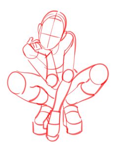 a red line drawing of a stylized female figure in a crouching pose.  she's looking off to the side and resting her chin on one hand. the image is a sketch with basic shapes and guidelines to establish the pose.