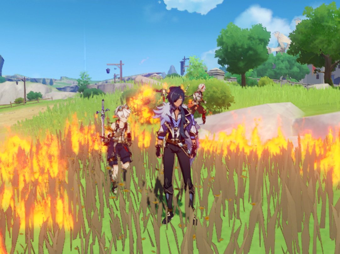 a screenshot from the video game genshin impact. three characters stand in a field of tall grass that is on fire. the characters appear to be players or playercontrolled characters.  the scene is set in a bright, sunny outdoor environment with a rural landscape visible in the background. the style of the game is animeinspired, with vibrant colors and detailed character designs. the fire is likely a result of gameplay, potentially indicating a pyro elemental ability used in combat.