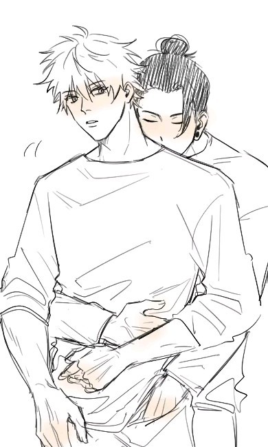 the image is a black and white sketch or drawing in an anime/manga style. it depicts two young men in a close embrace. one, with white hair, is holding the other, who has black hair tied up in a topknot, from behind.  they're dressed in casual, longsleeved shirts. the style is soft and suggestive of a tender, intimate relationship. the overall feeling is one of affection and closeness. the artwork is unfinished, with a light and sketchy line style.